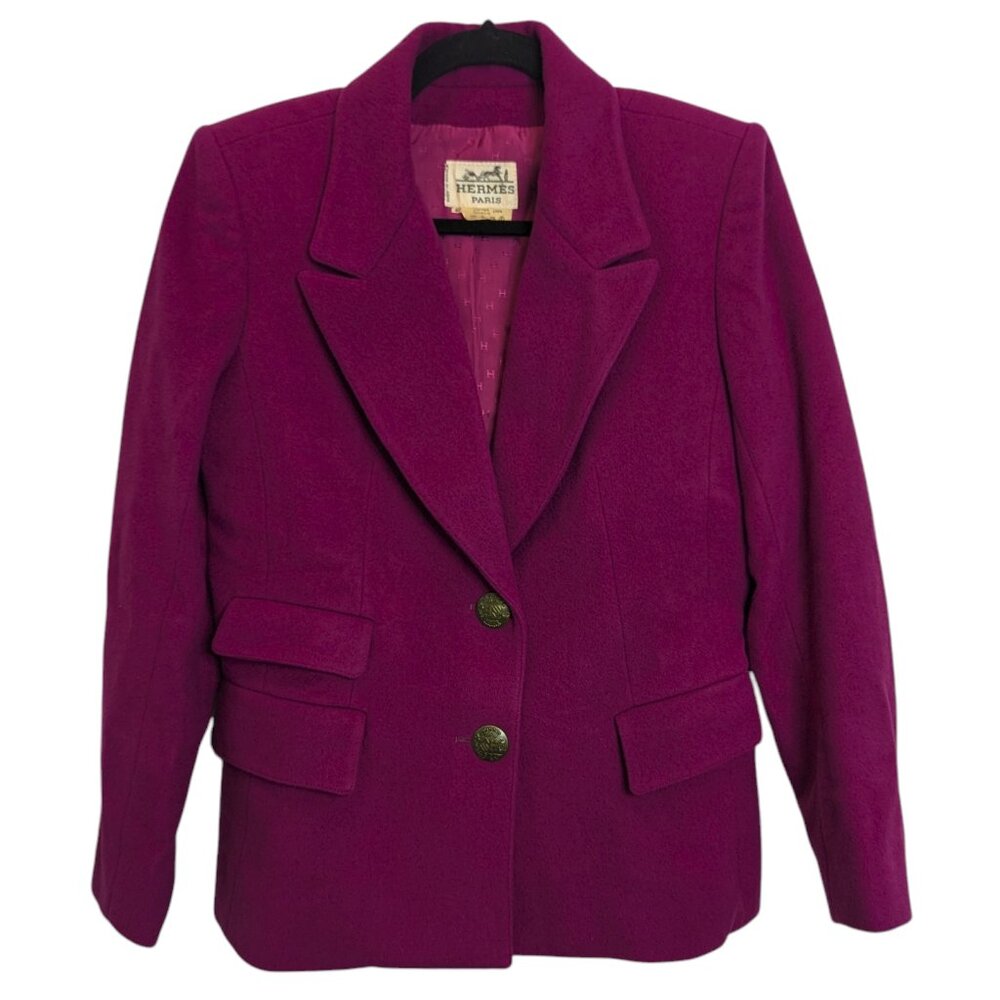 HERMES Vintage Fuchsia Magenta Cashmere Jacket Skirt Suit Set FR40 4 6 VERY RARE